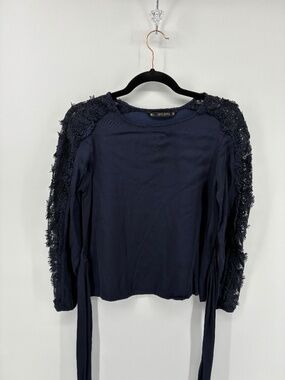 MASSIVE $10 SALE Zara Navy Blue Blouse w/ Waist Tie & Floral Lace Detail